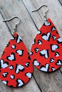 Faux Leather Red Teardrop Heart Earrings